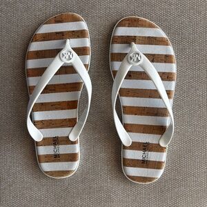 Michael Kors Sz 8 Logo Jet Set Jelly Flat White/Cork Striped Sandals/Flip Flops